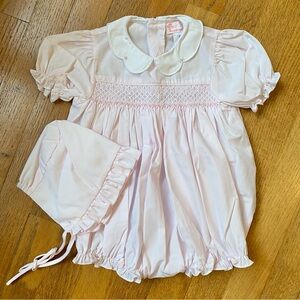 Petit Ami pink smocked bubble and bonnet